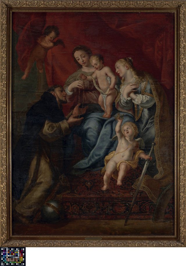 De heilige Maagd geeft de rozenkrans aan de heilige Dominicus by Erasmus Quellinus II