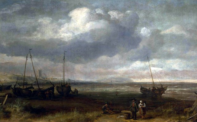 Seaside in Scheveningen with fishing boats by Simon de Vlieger