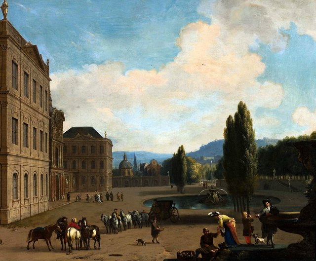 Southern landscape with companionship in a park and a large country house. by Jan van Huchtenburgh