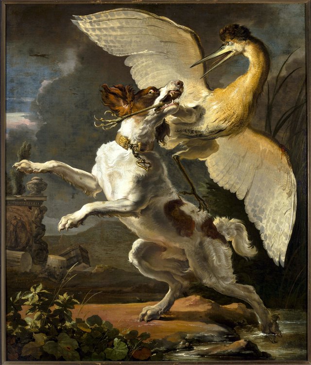 Fight between a dog and a heron by Abraham Hondius