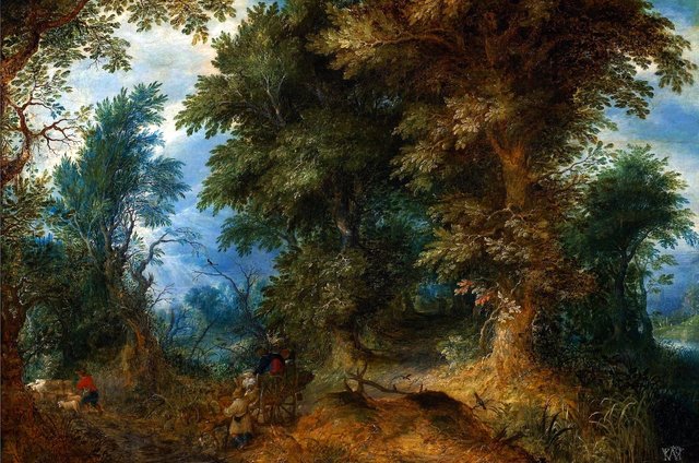 Wooded landscape with peasants crossing the ford. by Abraham Govaerts