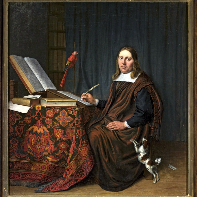 Portrait of a man writing at a table (Scholar in his study) by Hendrik Martenszoon Sorgh