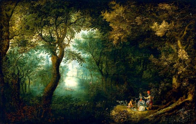 Park landscape with a company returning from the hunt (detail). by David Vinckboons