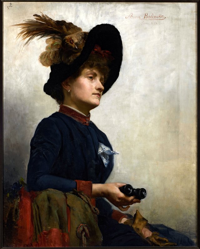 Portrait of a lady with binoculars. by Anna Bilińska-Bohdanowicz