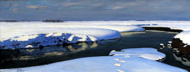 Winter landscape with a river. by Julian Fałat