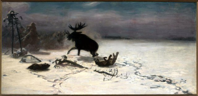 Elk fighting the wolves by Julian Fałat