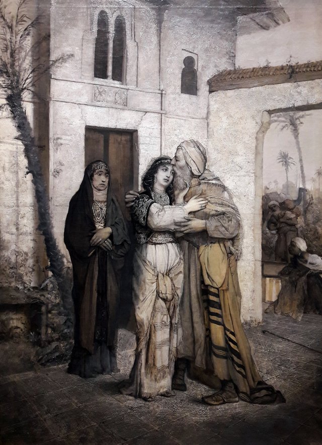 Recha welcoming her father (detail). by Maurycy Gottlieb