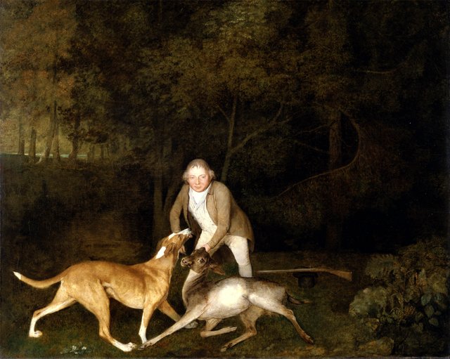 Freeman, the Earl of Clarendon's gamekeeper, with a dying doe and hound by George Stubbs