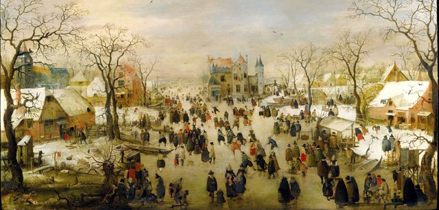 A panoramic Winter landscape with a multitude of figures on a frozen river by Hendrick Avercamp