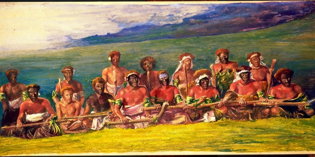 Chiefs and Performers in War Dance, Fiji by John La Farge