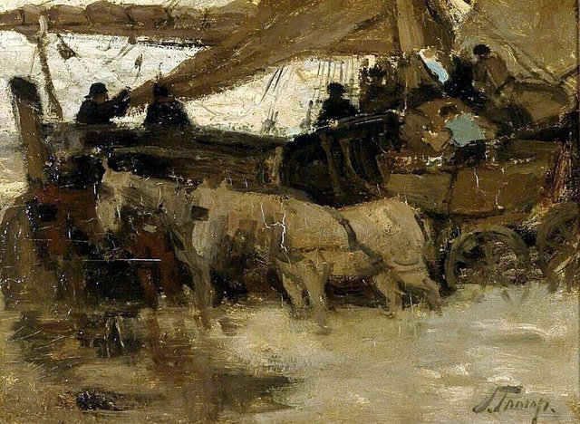 Het afladen van een bomschuit by Jan Toorop
