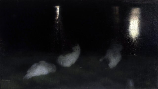 Nocturne. Swans in the Saxon Garden in Warsaw by night. by Józef Pankiewicz