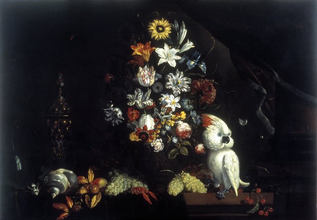 Still life with flowers in a vase and a cockatoo by Jacob Marrel