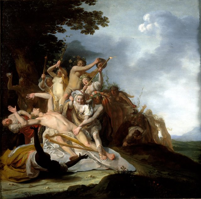 The death of Orpheus: he is torn to pieces by the Thracian women during a Bacchic orgy by Nikolaus Knüpfer