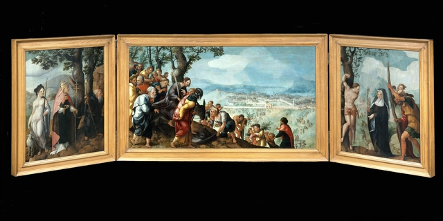 Drieluik met de intocht van Christus in Jeruzalem, heiligen en op de buitenzijden van de luiken stichters uit de familie Van Lokhorst by Jan van Scorel
