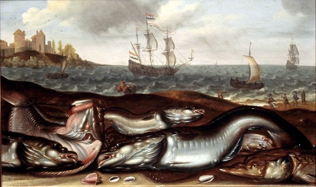 Visstilleven met strandgezicht by Adam Willaerts