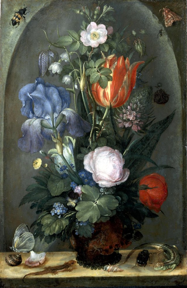 Bouquet of flowers with two Lizards by Roelant Savery