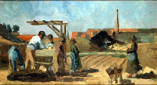 Fabrieksterrein met arbeiders by Anthon van Rappard