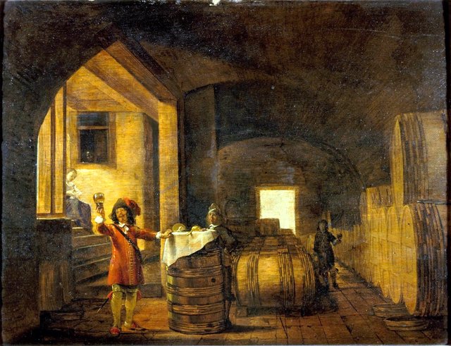 Interior of a winecellar, with a man inspecting a glass of wine by Nikolaus Knüpfer