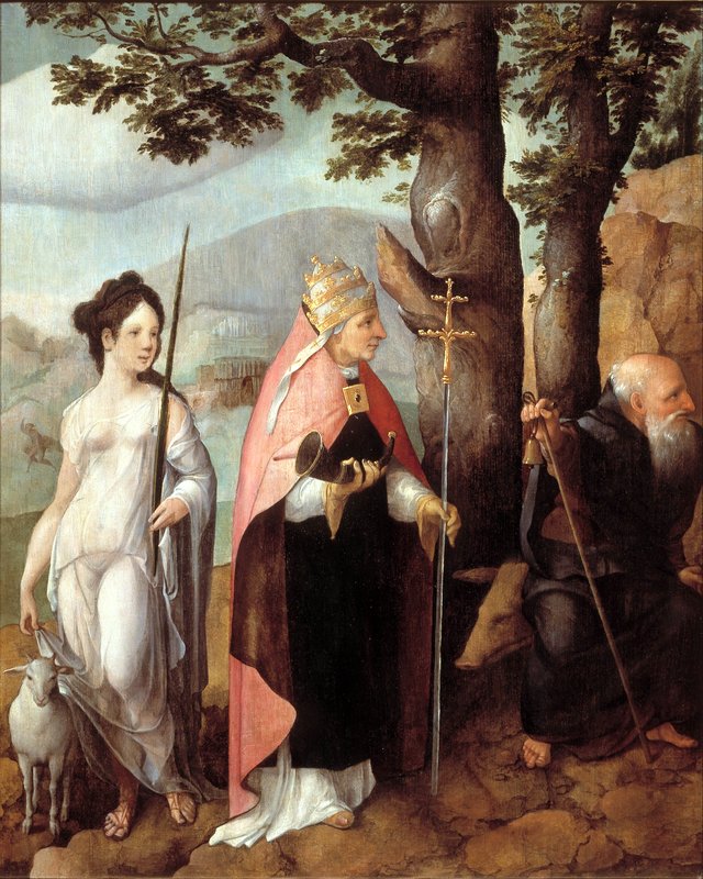 Drieluik met de intocht van Christus in Jeruzalem, heiligen en op de buitenzijden van de luiken stichters uit de familie Van Lokhorst by Jan van Scorel