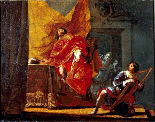 Saul casts his spear at David when the latter is playing his harp before the king  (1 Samuel 18:11) by Nikolaus Knüpfer