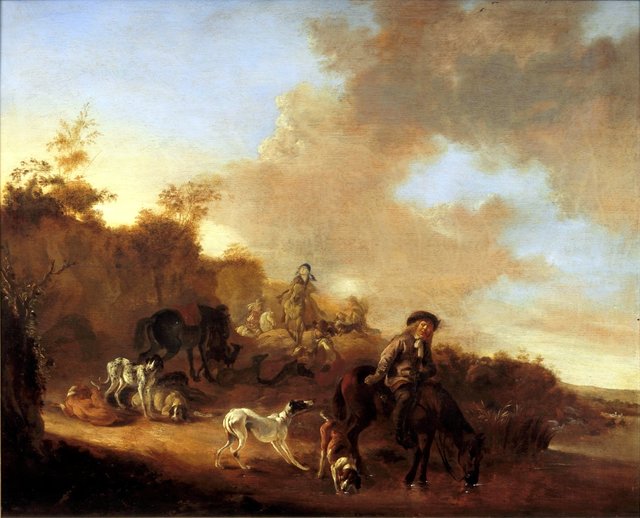Landscape with horsemen and dogs by Dirk Stoop