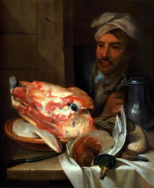 Stilleven met ossenkop by Aert Schouman