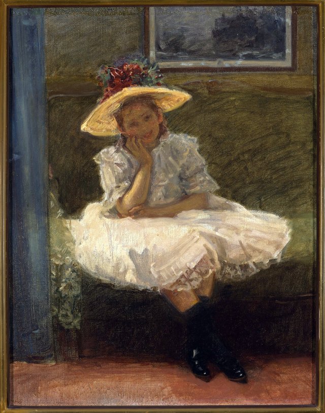 A girl in a hat with flowers. by Władysław Podkowiński