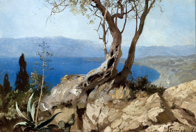 Lake with rocky shores. by Henryk Siemiradzki