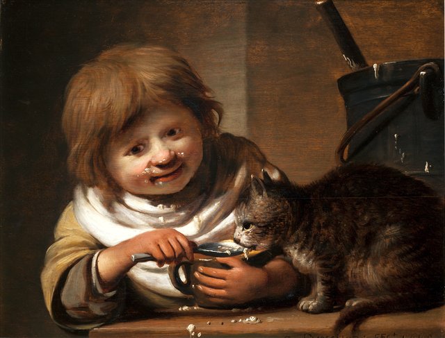 Boy feeding his Cat by Cornelis Bisschop
