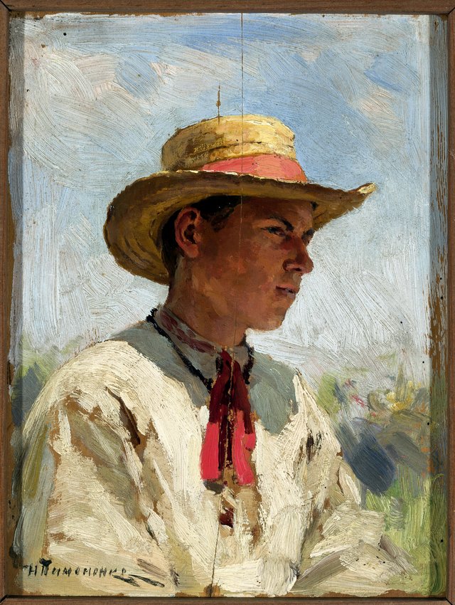 A boy in a straw hat by Mykola Pymonenko