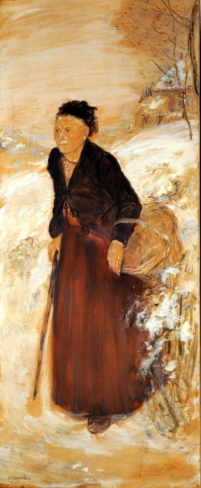 Old woman in snow by Jean-François Raffaëlli