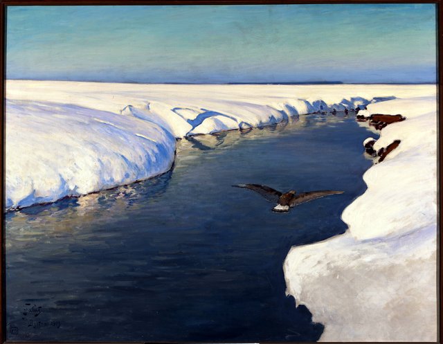 Winter landscape with a river and a bird by Julian Fałat