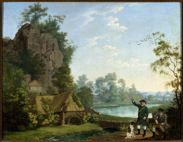 Two gentlemen going a shooting, with a view of Creswell Crags by George Stubbs