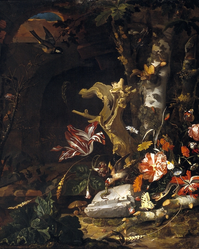 Stillife, flowers and bird-nest by Abraham Mignon