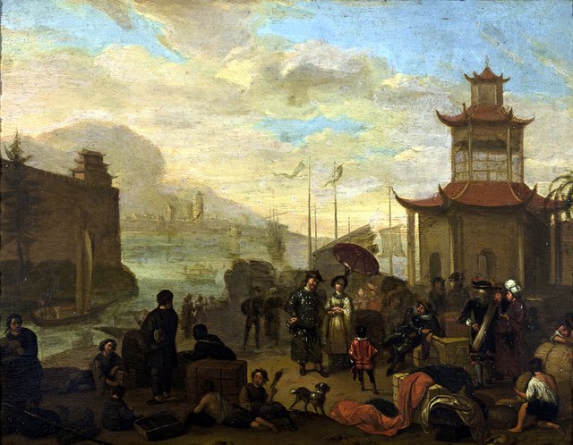 Hollandse kooplieden, handeldrijvend in een Chinese haven by Richard Brakenburgh