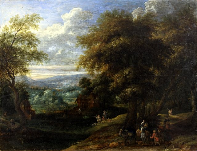 Wooded landscape with hunters and travellers by Jacques d'Arthois