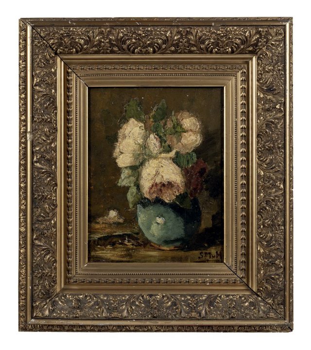 Witte en rode pioenrozen in groene pot by Sina Mesdag-van Houten