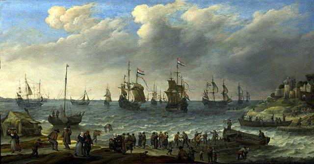 Fleet of Dutch ships, River mouth with ships by Adam Willaerts