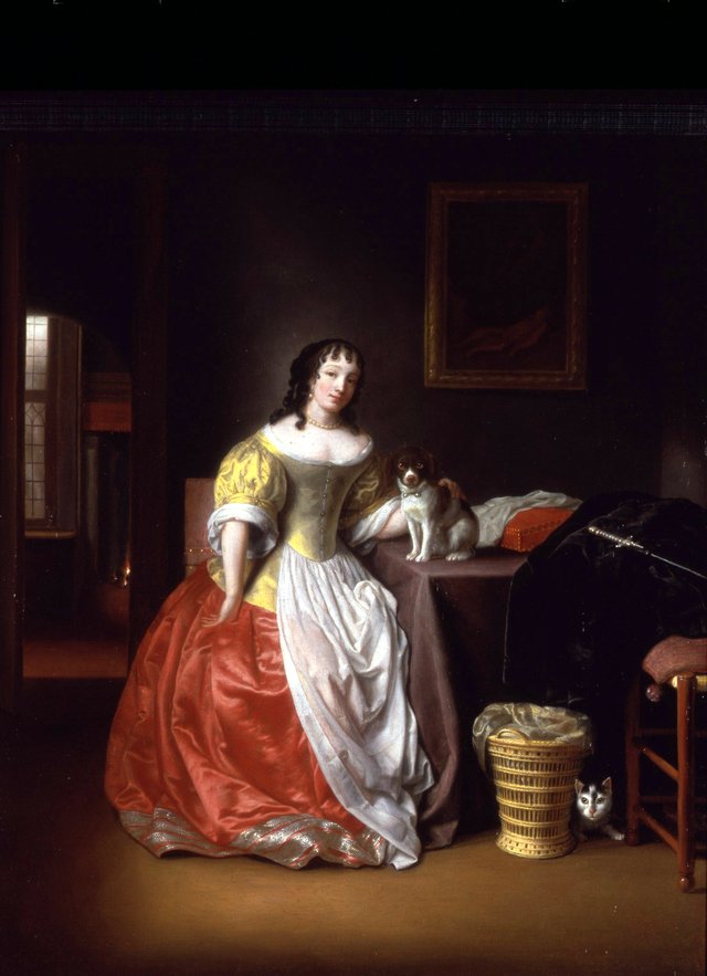 Interior with woman and dog by Samuel van Hoogstraten