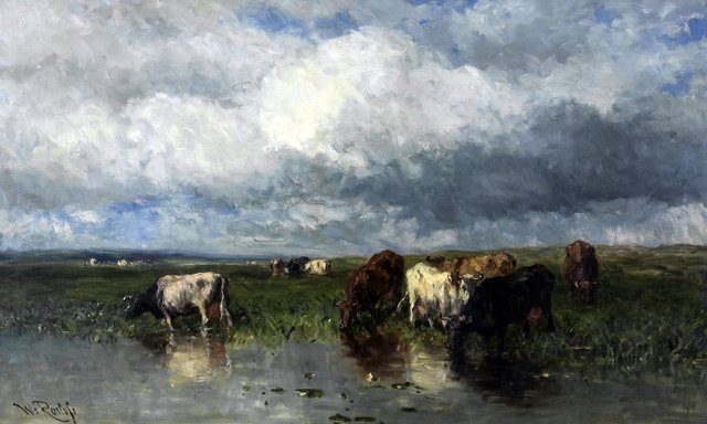 Landscape with cows at the waterfront by Willem Roelofs