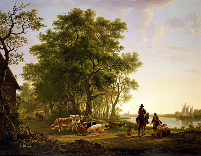 River landscape near Dordrecht, with a horseman and cattle by Jacob van Strij