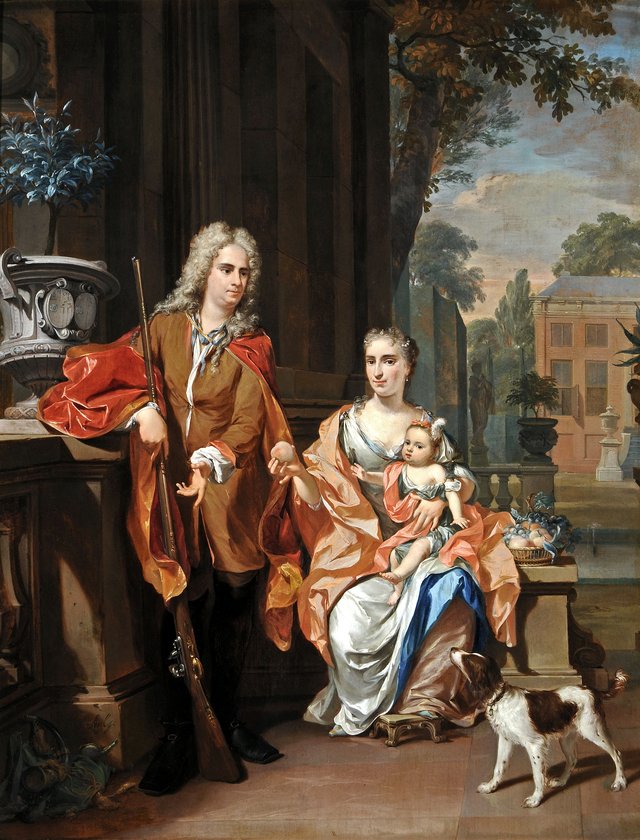 Portrait of Johan Diederik Pompe van Meerdervoort (1697-1749), Johanna Alida Pompe van Meerdervoort (1691-1744) and their daughter Maria Christina Pompe van Meerdervoort (1723-1781) by Nicolaas Verkolje