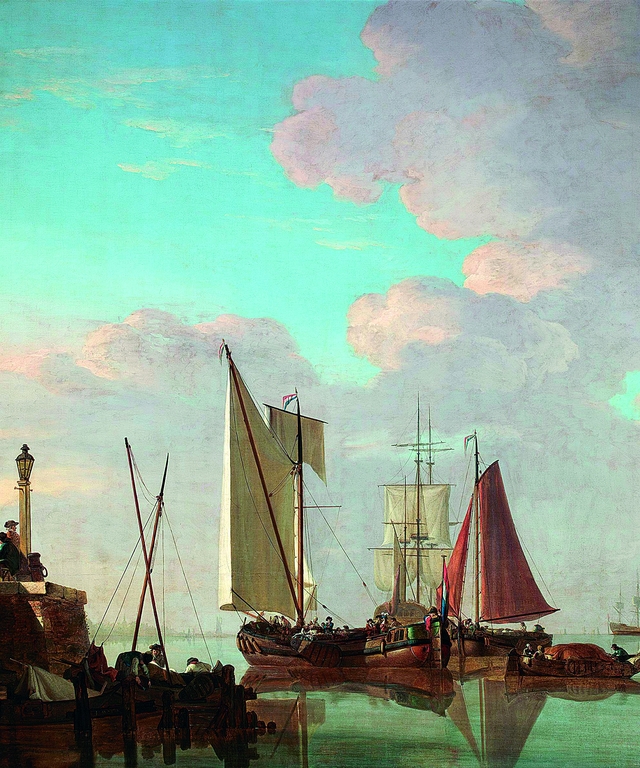 Havengezicht met schepen in kalm water bij een kade by Jacob van Strij