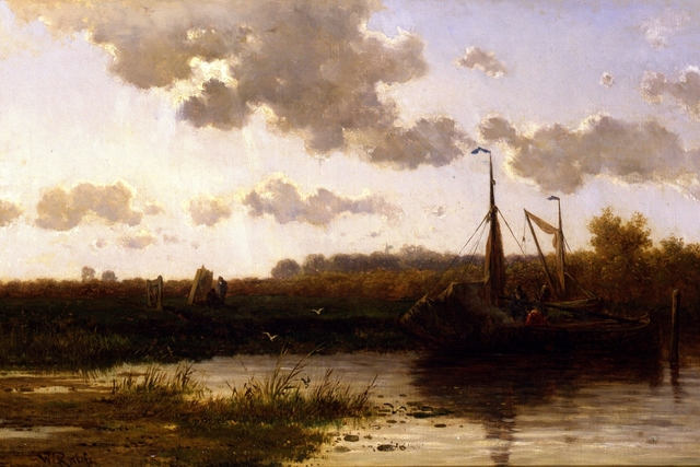 Hollands landschap met scheepje in een vaart by Willem Roelofs