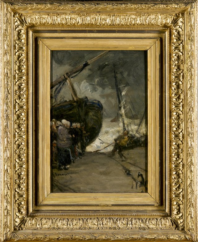 Bomschuit met figuren aan het strand by Bernard Blommers