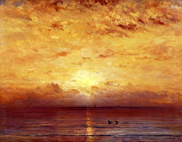 Zonsondergang met garnalenvissers by Hendrik Willem Mesdag