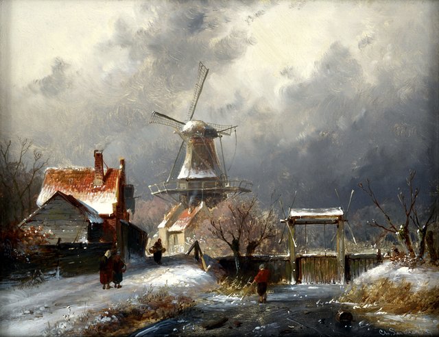 Bevroren sloot met schutsluis by Charles Leickert