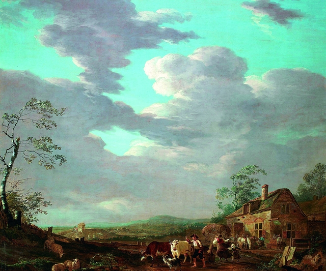 Landschap met figuren en vee bij een herberg by Jacob van Strij