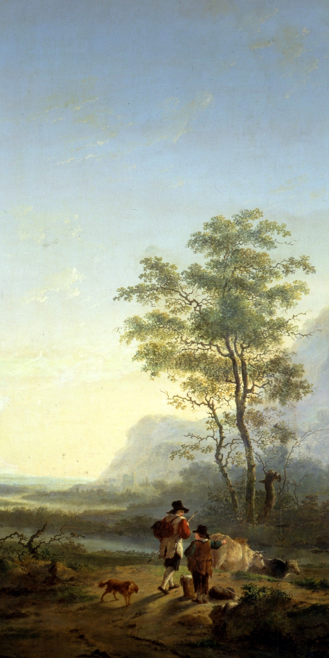 Italianiserend landschap met herder, herdersjongen en koeien by Jacob van Strij